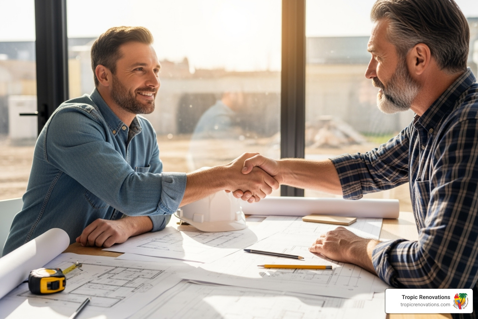 homeowner shaking hands with a contractor over a set of blueprints - how to find a reliable home remodel contractor homeowner shaking hands with a contractor over a set of blueprints - how to find a reliable home remodel contractor