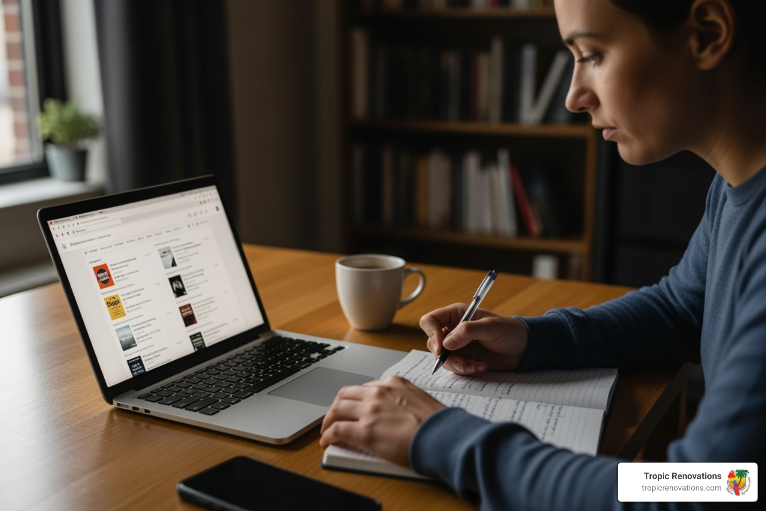 person researching contractors on a laptop with a notepad next to them - how to find a reliable home remodel contractor person researching contractors on a laptop with a notepad next to them - how to find a reliable home remodel contractor