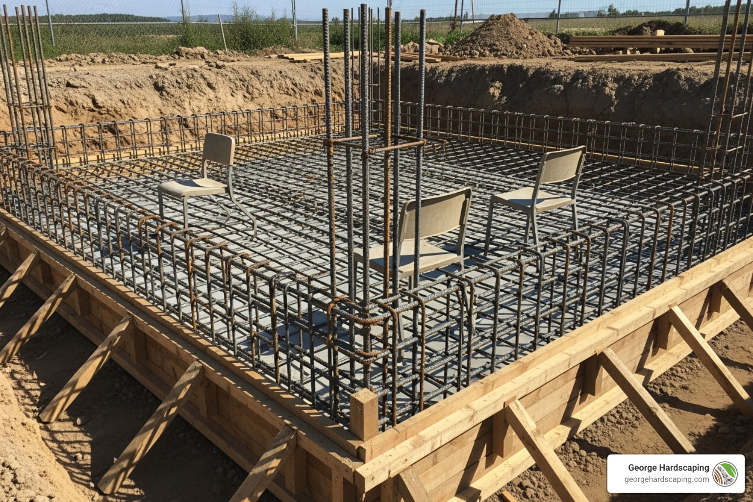 Image generated by Bannerbear for George Hardscaping, 2024; shows leveled formwork and rebar pattern prior to concrete pour, illustrating best practices for the foundation when learning how to build an outdoor brick fireplace. Concrete foundation with rebar grid ready for an outdoor brick fireplace