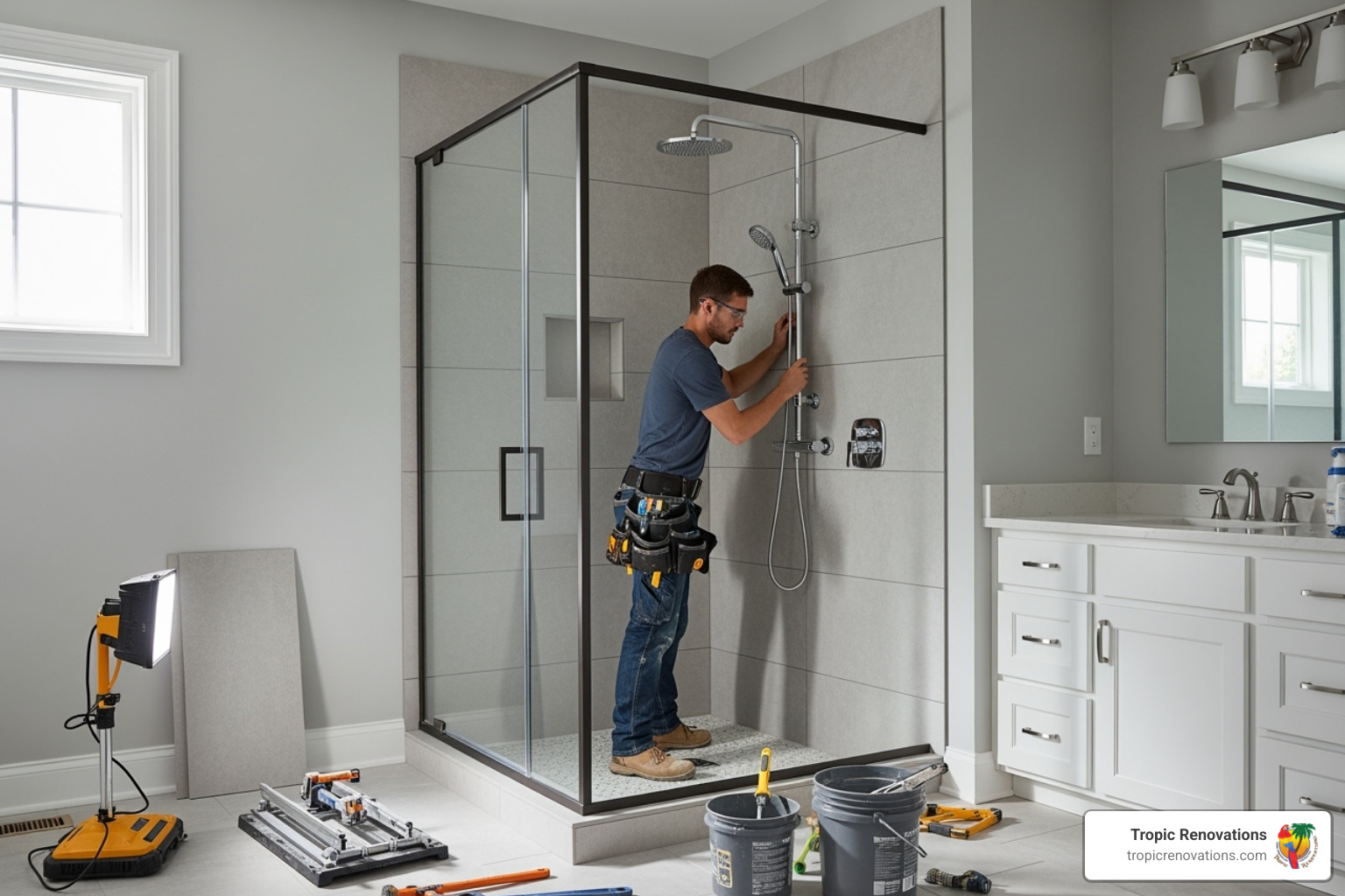 Custom walk-in shower being installed - Cost of bathroom remodel? Custom walk-in shower being installed - Cost of bathroom remodel?