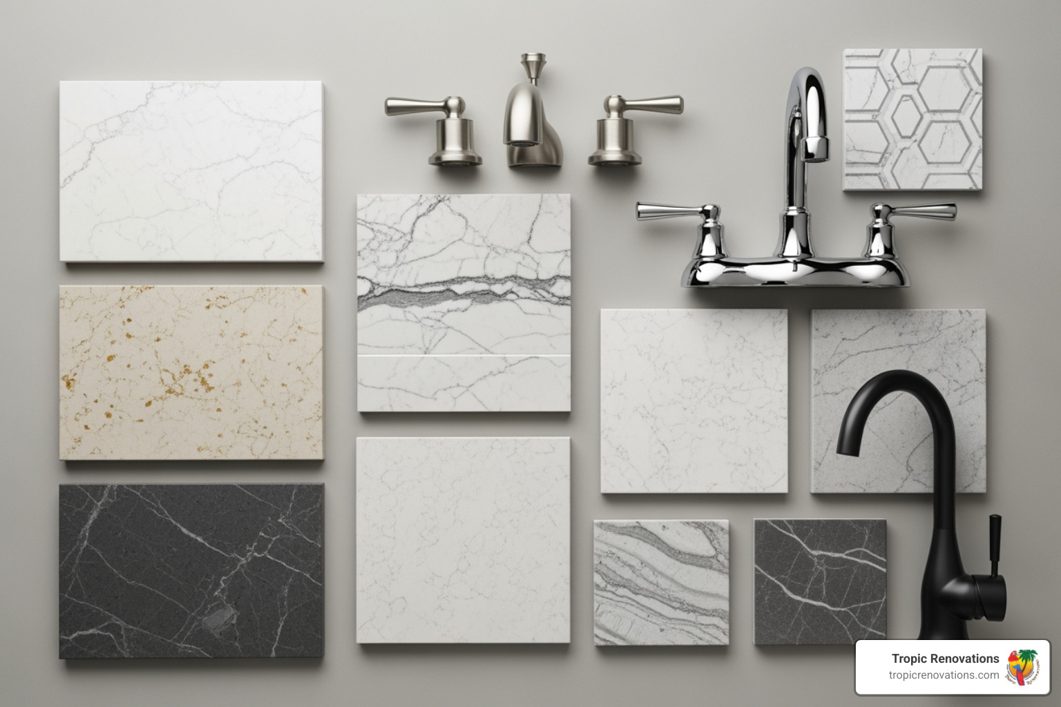 Various material samples like quartz countertops, porcelain tiles, and high-end faucets - Cost of bathroom remodel? Various material samples like quartz countertops, porcelain tiles, and high-end faucets - Cost of bathroom remodel?