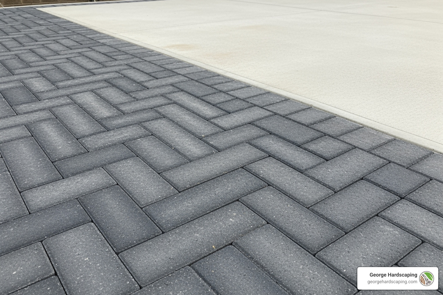 A detailed view of a patio extension combining dark gray herringbone pavers with a light-colored concrete slab. - patio extension ideas