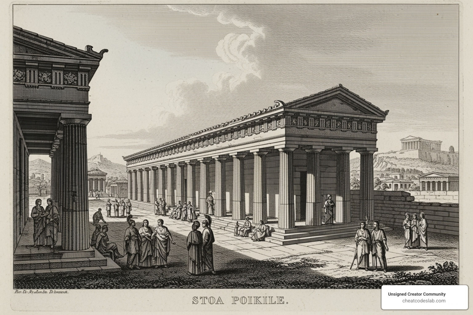 Engraving of the Stoa Poikile in Athens - list of stoics