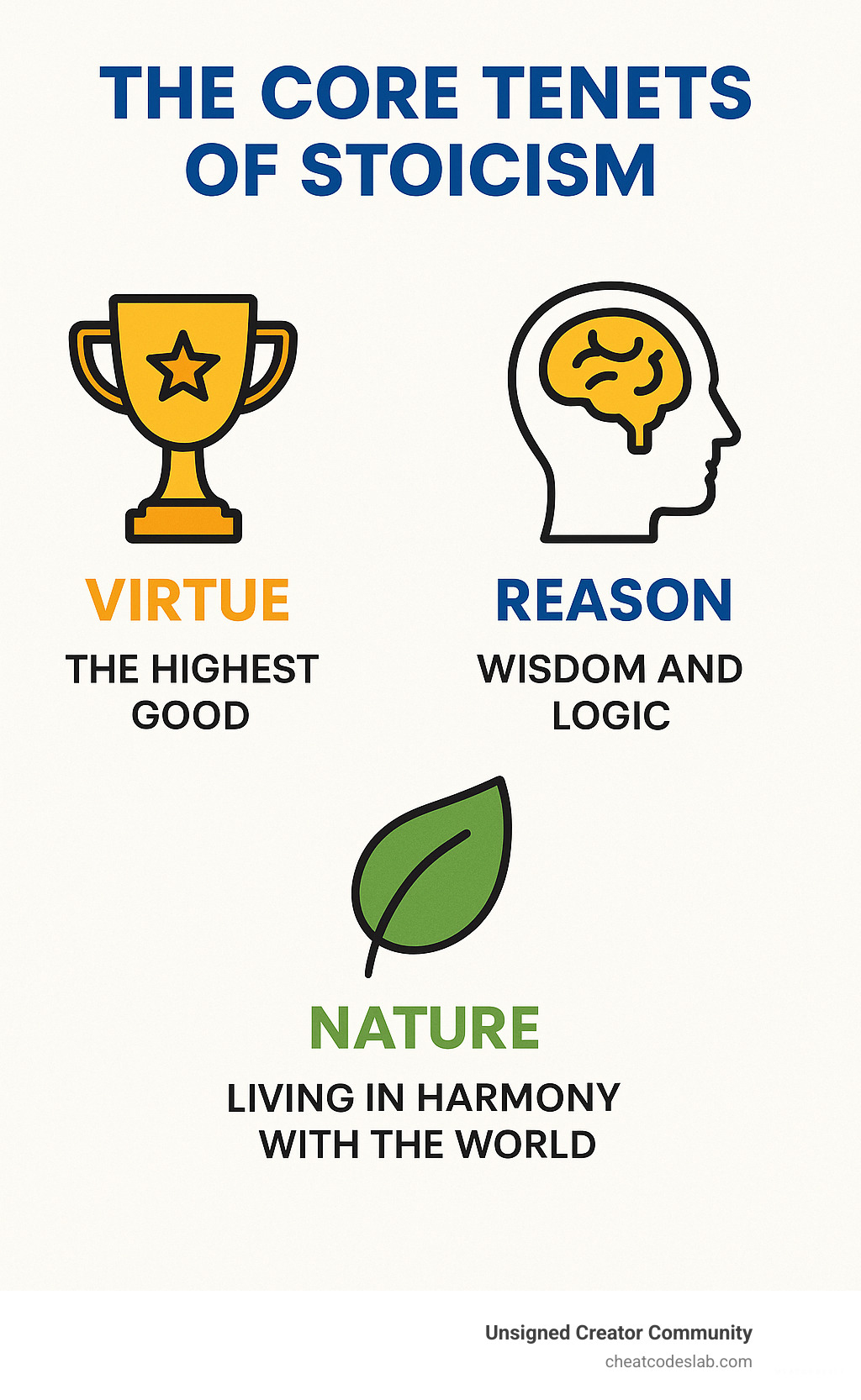 Infographic explaining the core tenets of Stoicism: Virtue, Reason, and Nature - list of stoics infographic 