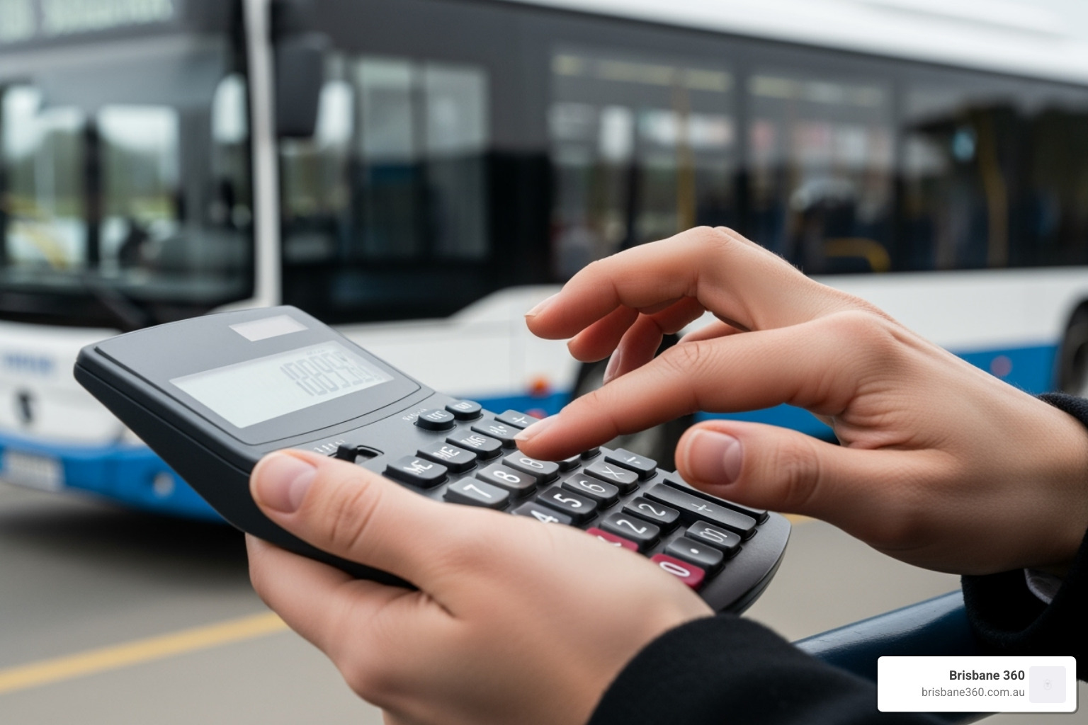 Person using a calculator with a bus in the background, representing budget planning - commercial bus rental
