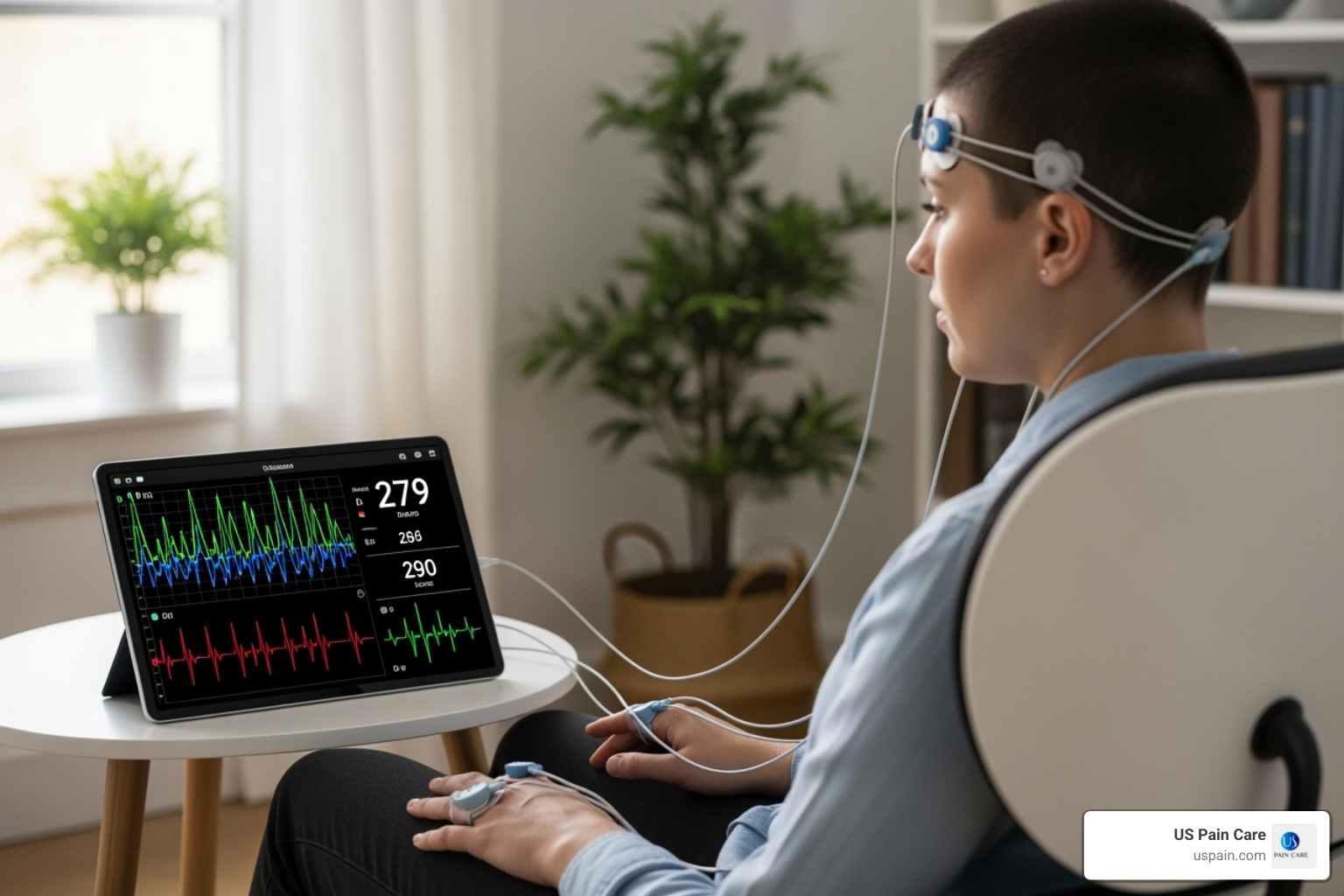 A person using a biofeedback machine with sensor displays showing brain waves or heart rate - psychological pain management