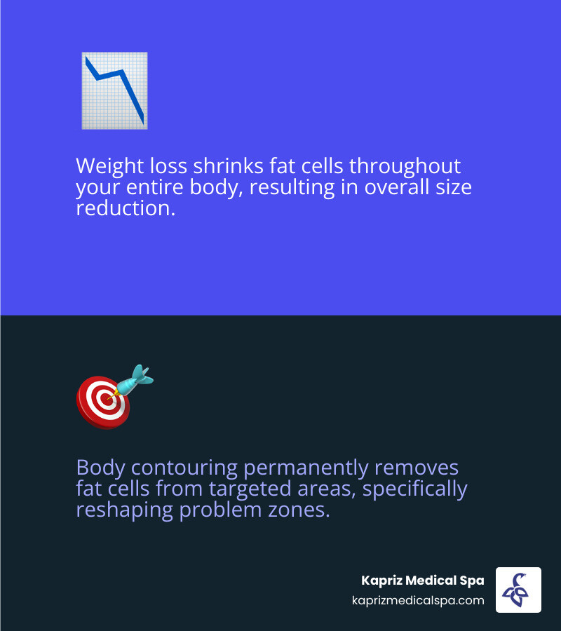 Infographic showing the difference between weight loss (shrinking fat cells throughout the body) versus body contouring (permanently removing fat cells from targeted areas), with illustrations of fat cell reduction patterns and treatment areas commonly addressed in women - Body contouring for women infographic 2_facts_emoji_blue Infographic showing the difference between weight loss (shrinking fat cells throughout the body) versus body contouring (permanently removing fat cells from targeted areas), with illustrations of fat cell reduction patterns and treatment areas commonly addressed in women - Body contouring for women infographic 2_facts_emoji_blue