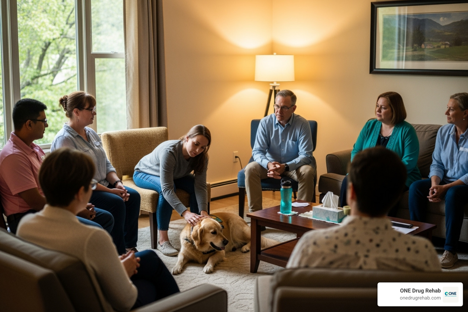 group therapy session with calm therapy dog - pet friendly inpatient rehab