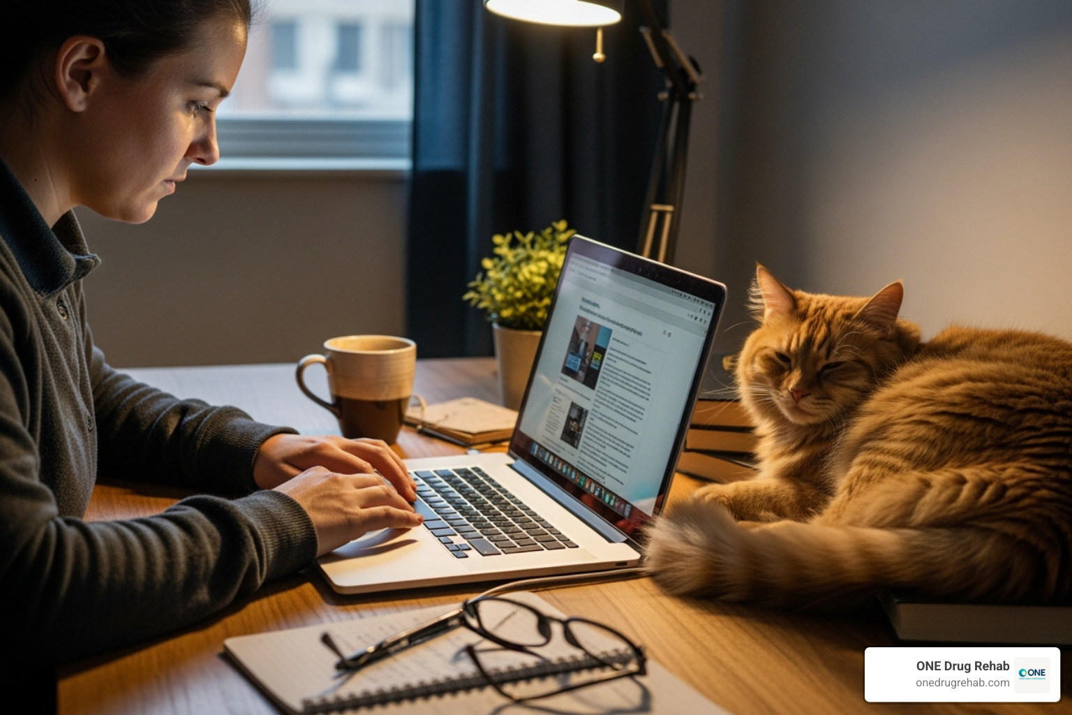 person researching rehab facilities with cat - pet friendly inpatient rehab