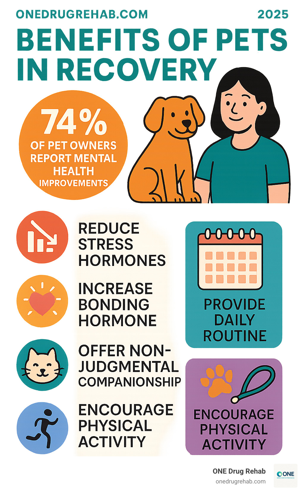 Infographic showing key benefits of pets in recovery: 74% of pet owners report mental health improvements, pets reduce cortisol stress hormones, increase oxytocin bonding hormone, provide daily routine and sense of purpose, offer non-judgmental companionship, and encourage physical activity through walks and play - pet friendly inpatient rehab infographic 