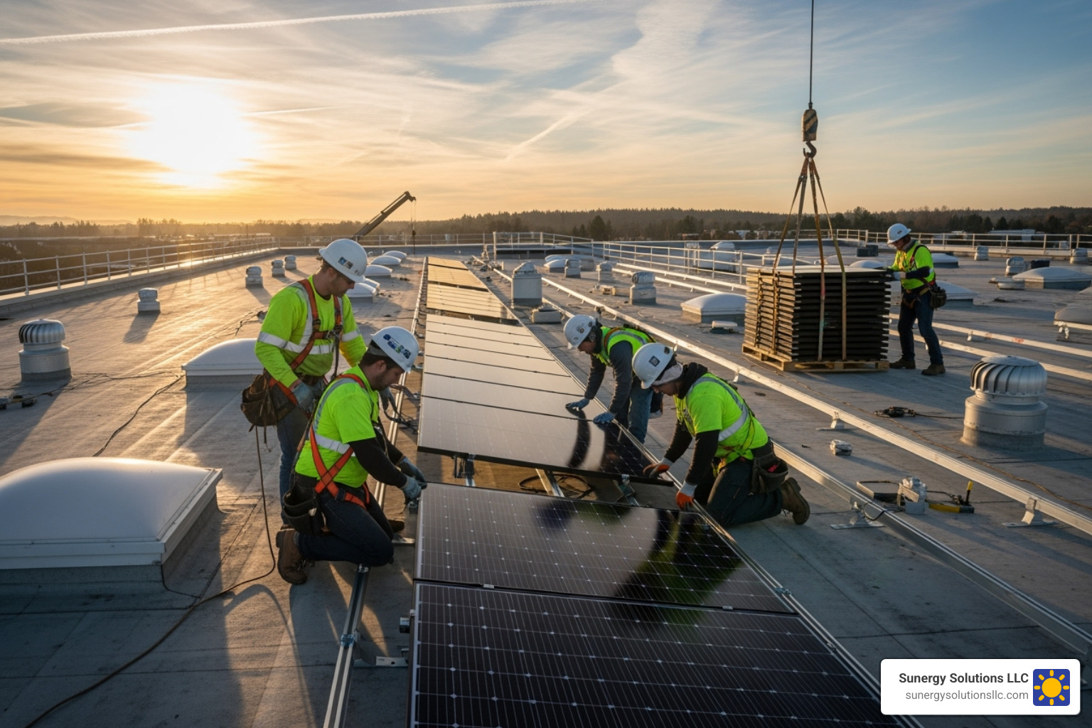 Image of a commercial solar installation crew working on a large, flat retail roof. - solar energy for retail