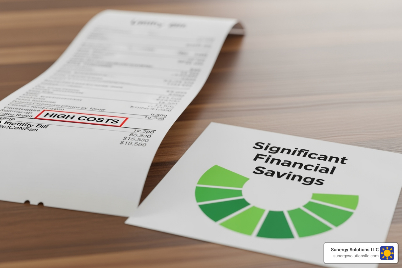 Image of a utility bill with high costs highlighted next to a graphic showing significant savings. - solar energy for retail