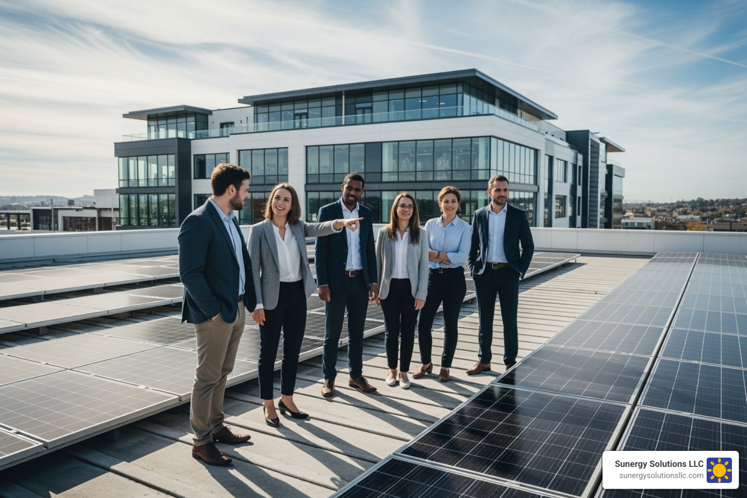 Image of a diverse group of retail business owners looking confidently at a solar panel array. - solar energy for retail