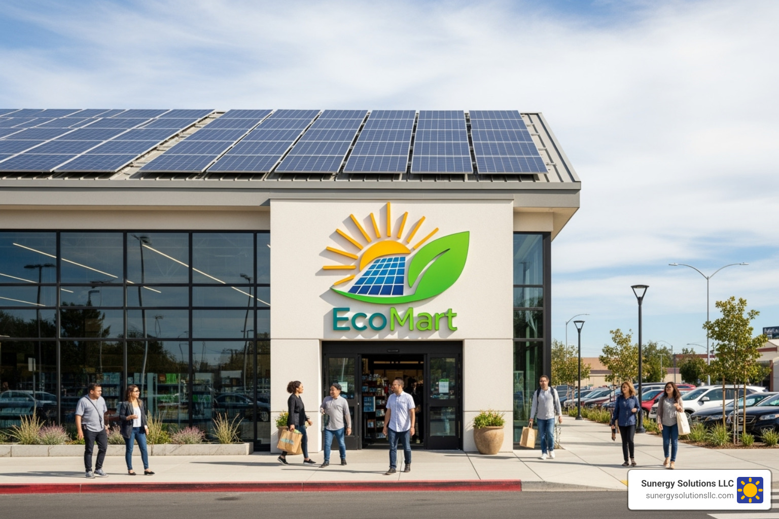 Image of a retail storefront with prominent "Powered by Solar Energy" signage and happy customers entering. - solar energy for retail