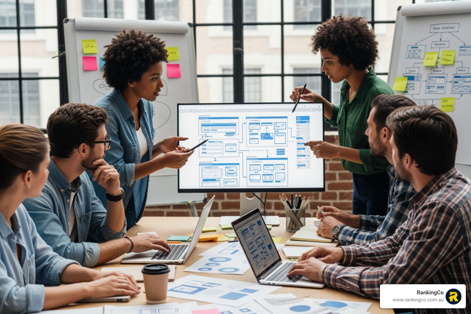 A development team collaborating on a website wireframe. - ecommerce web development australia
