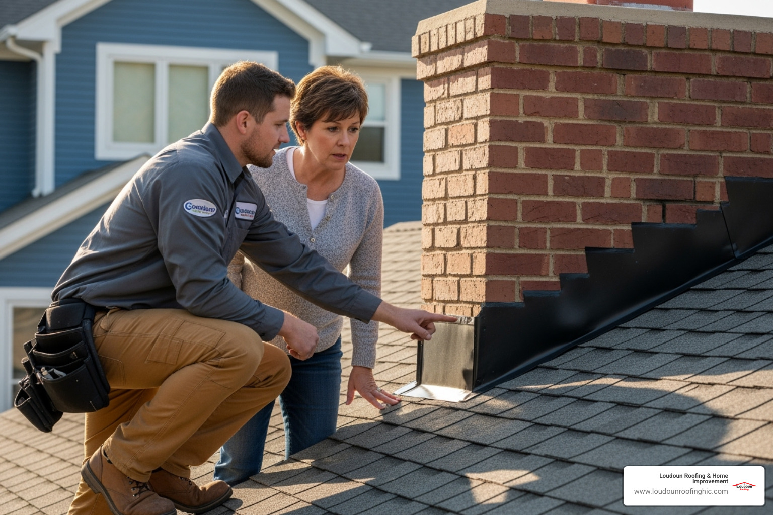 Uniformed professional on a roof, pointing to the chimney flashing while talking to a homeowner - Roof and chimney repair