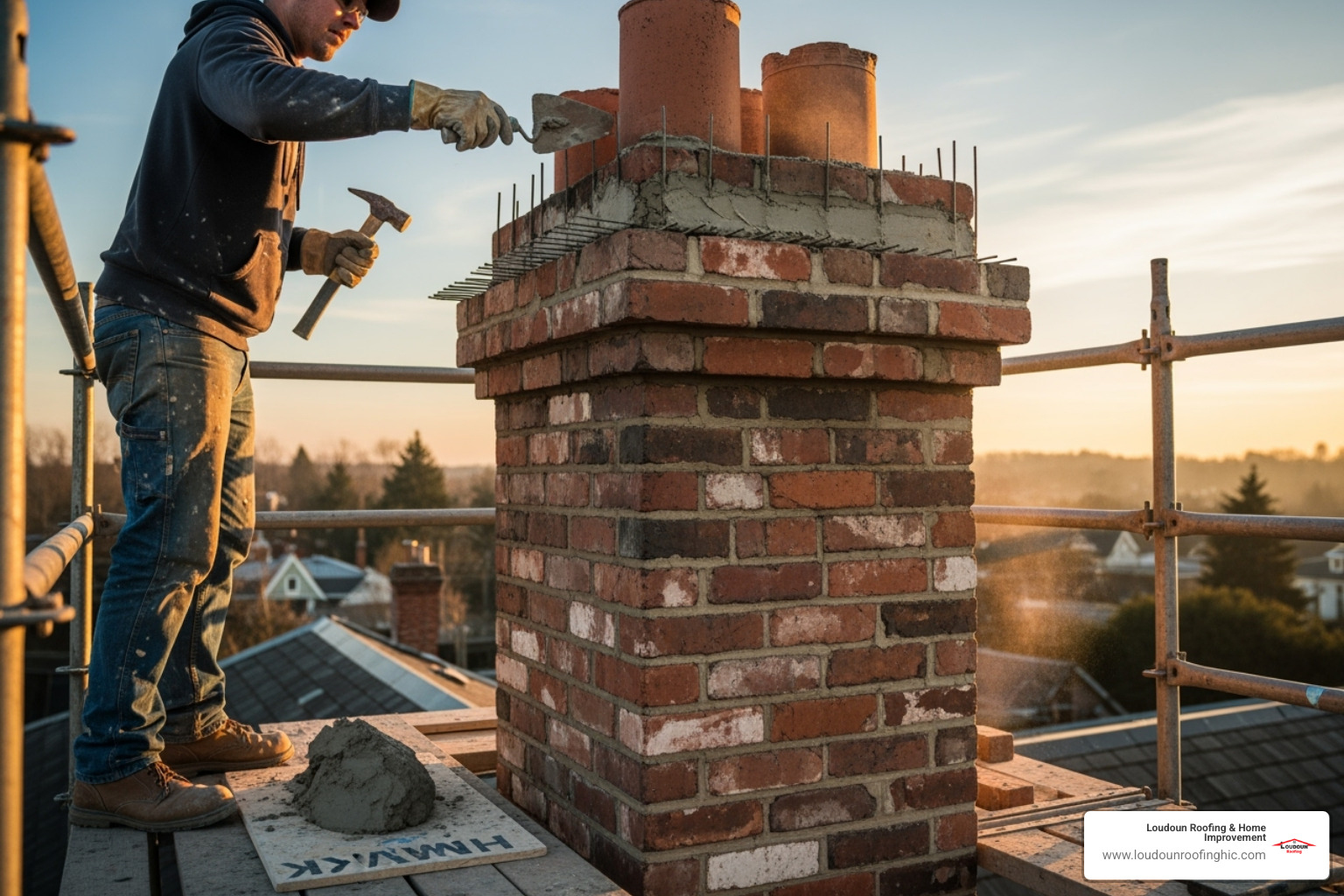 professional applying new mortar to chimney brickwork - Roof and chimney repair