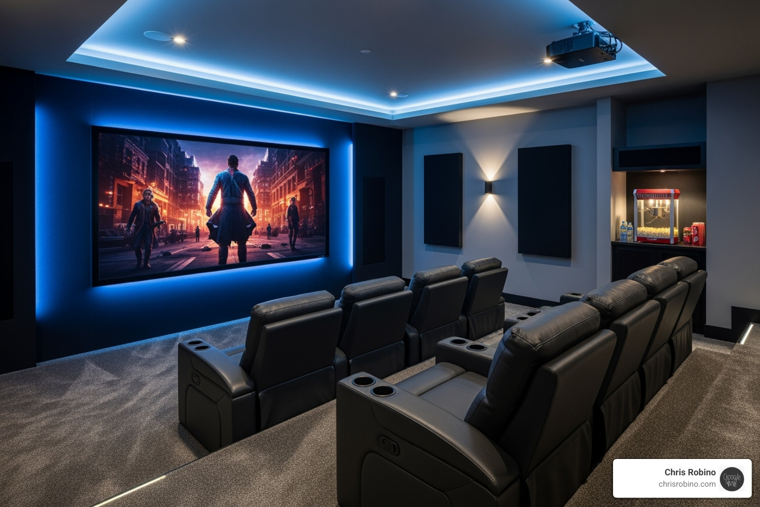 Custom home theatre setup with large screen, comfortable seating, and integrated smart lighting - new tech media solutions