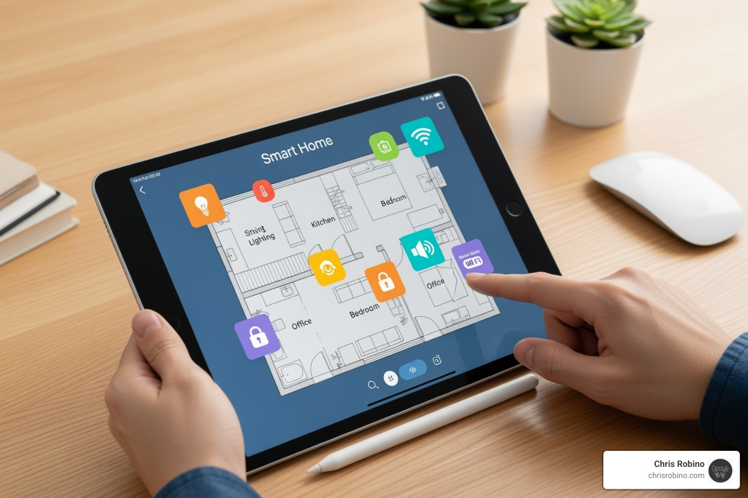 Smart home planning on a tablet with blueprints and device icons - new tech media solutions