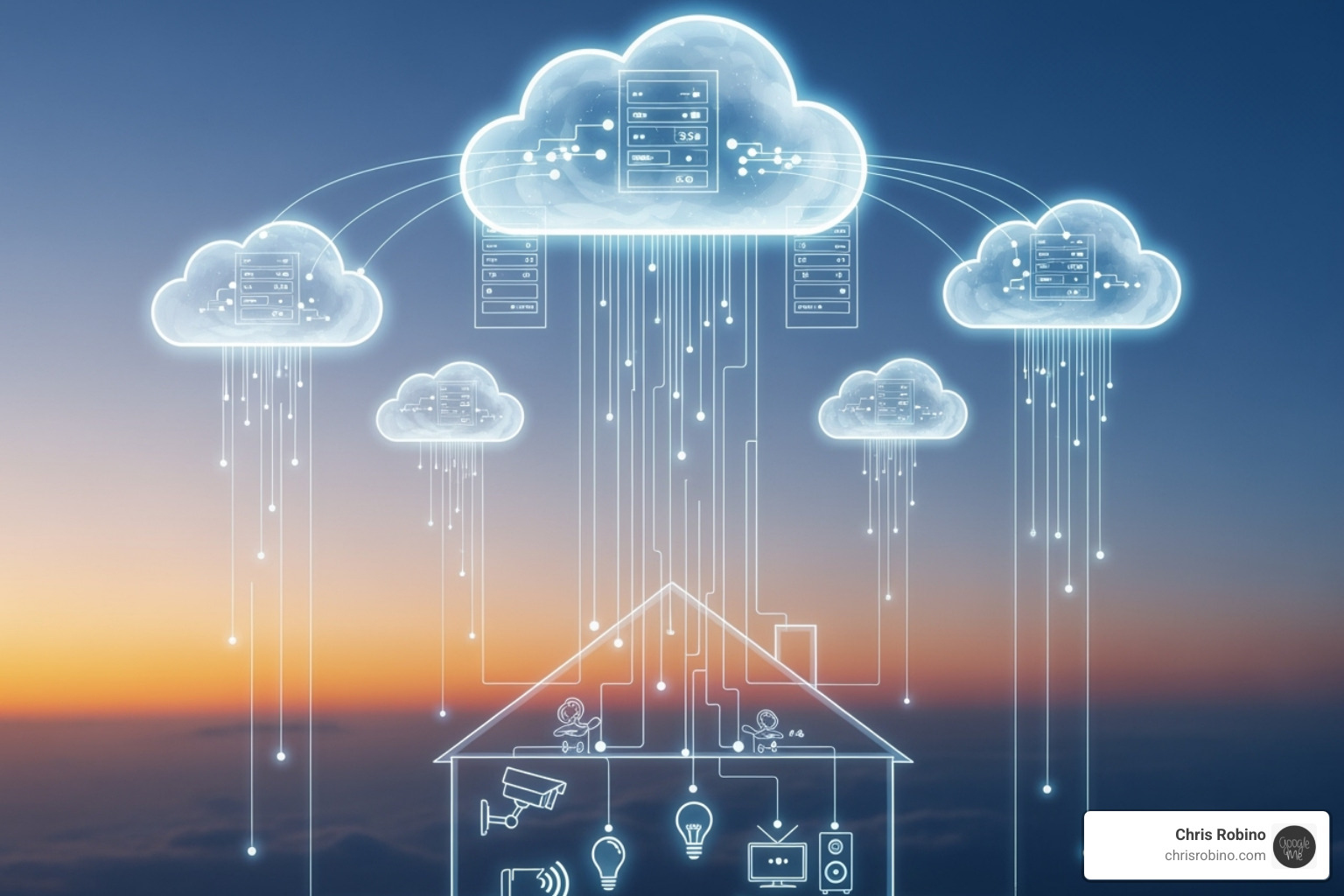 Diagram showing cloud servers connecting to various smart home devices like security cameras, smart lights, and entertainment systems - new tech media solutions