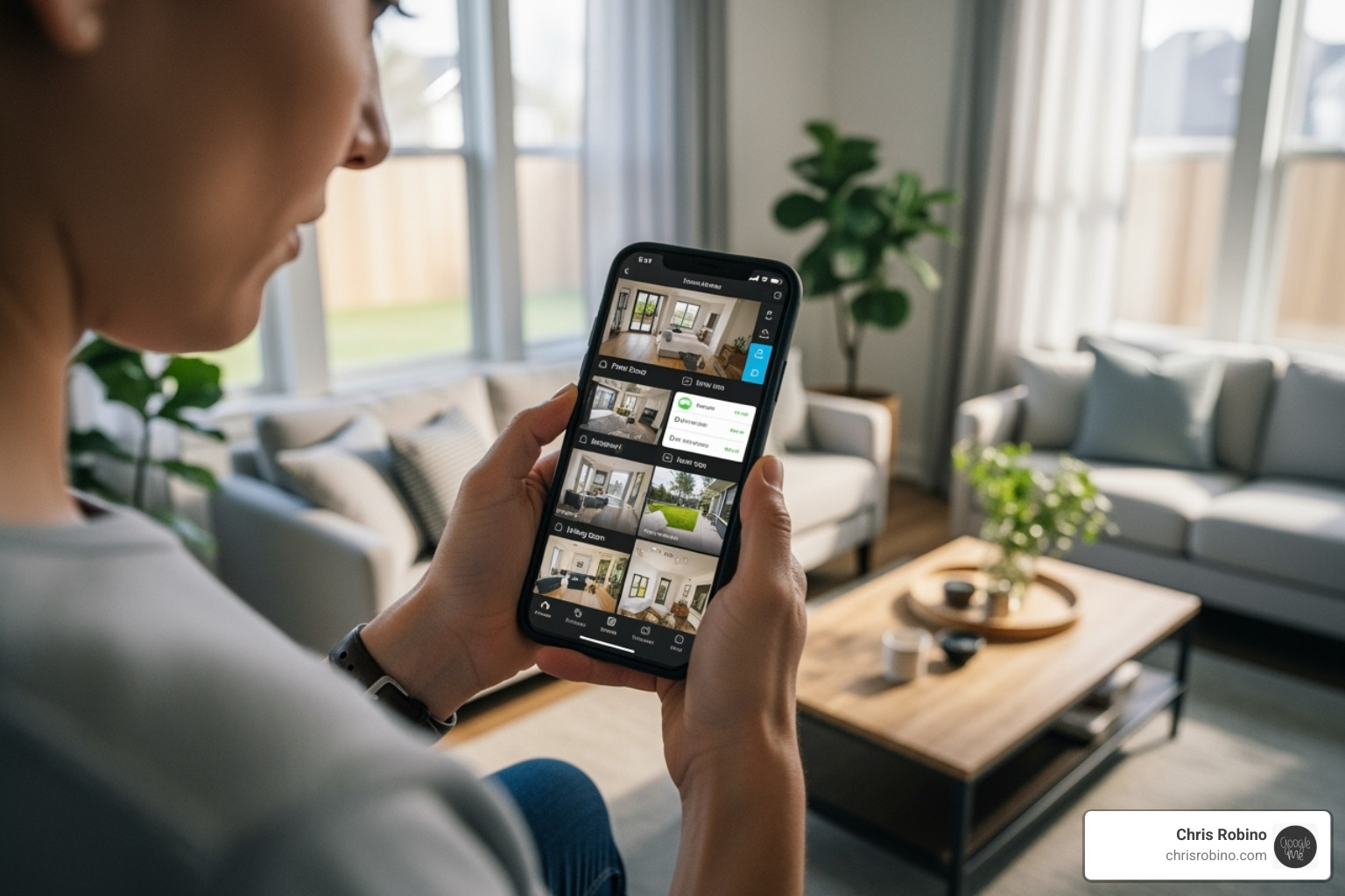 Homeowner using a security app on their phone to monitor their smart home system - new tech media solutions