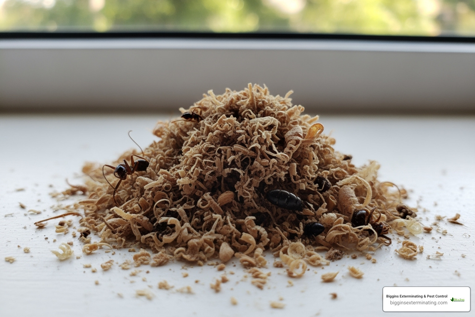 frass (sawdust-like shavings) below a window sill - carpenter ant prevention