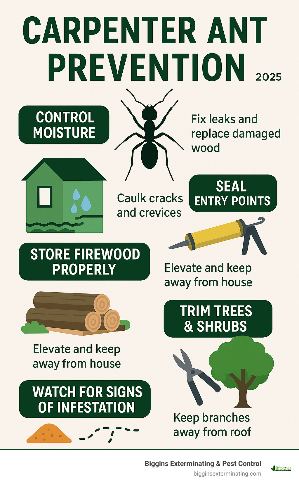 Comprehensive carpenter ant prevention infographic showing moisture control methods, sealing techniques, proper firewood storage, tree trimming guidelines, and early warning signs of infestation - carpenter ant prevention infographic 