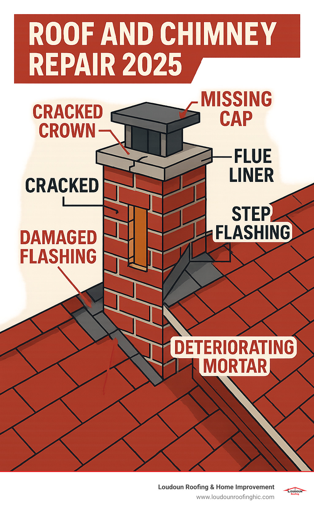 Infographic showing chimney components including crown at top, flue liner inside, step flashing where chimney meets roof, chimney cap covering flue opening, and masonry structure with mortar joints, highlighting common failure points like cracked crowns, damaged flashing, deteriorating mortar, and missing caps - Roof and chimney repair infographic 