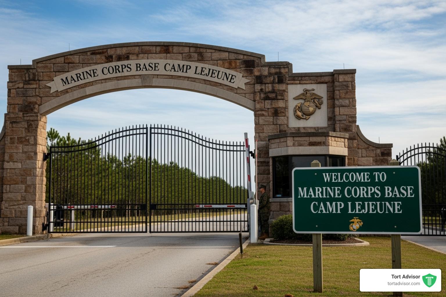 Image of the gate at Marine Corps Base Camp Lejeune - water contamination lawsuit attorney