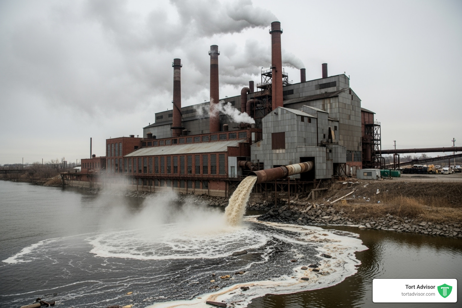 Image of a factory releasing discharge into a river - water contamination lawsuit attorney