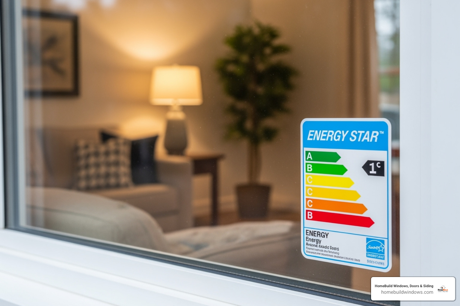 ENERGY STAR label on a window, with text highlighting potential energy savings - cost to replace a window
