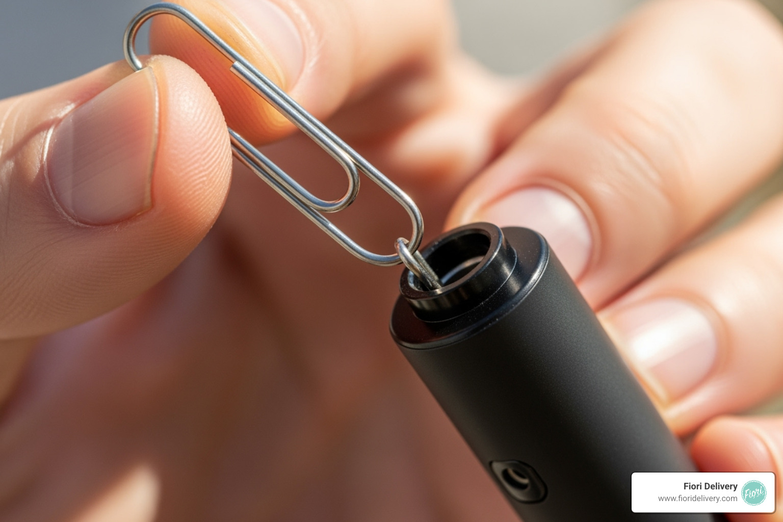 of a paperclip gently being inserted into a vape mouthpiece - how to unclog thc disposable vape pen