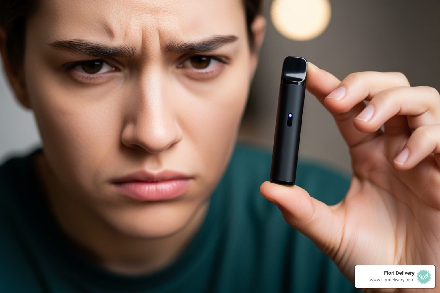 of a person looking frustrated at a clogged vape pen - how to unclog thc disposable vape pen