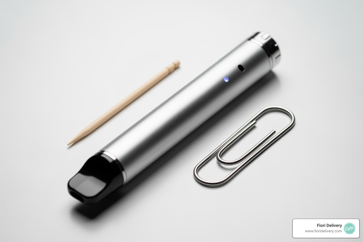 of various household tools like a paperclip and toothpick next to a vape pen - how to unclog thc disposable vape pen