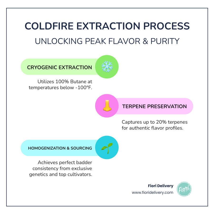 Infographic showing Coldfire's cryogenic extraction process: 100% butane extraction at below -100°F temperatures, preserving up to 20% terpenes, homogenization into badder consistency, and collaboration with premium California cultivators - coldfire extracts strains infographic infographic-line-3-steps-colors
