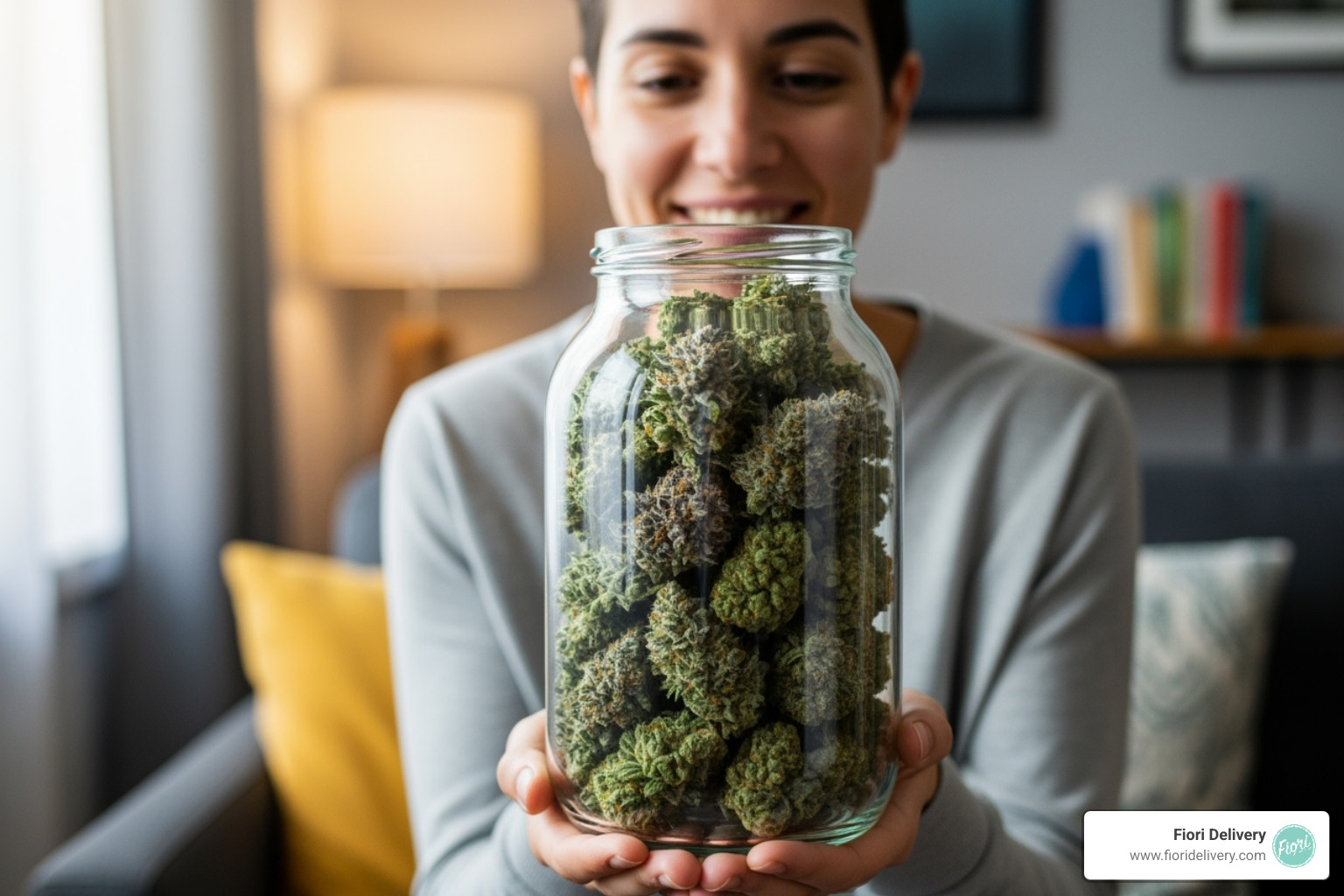 person happily looking at their well-stocked cannabis stash jar - ounce cannabis deals