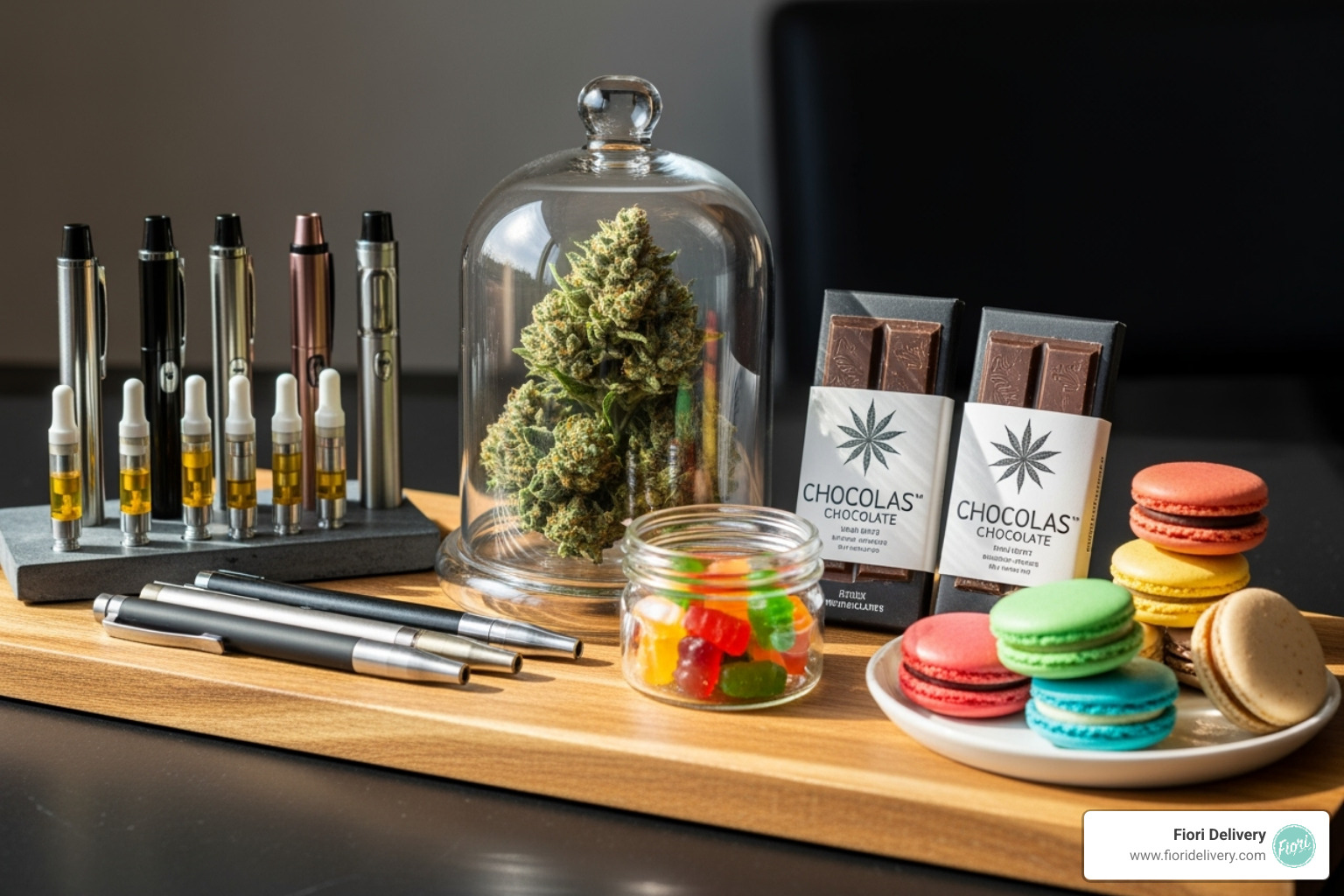 curated selection of cannabis products like flower, edibles, and vapes neatly arranged - weed delivery service