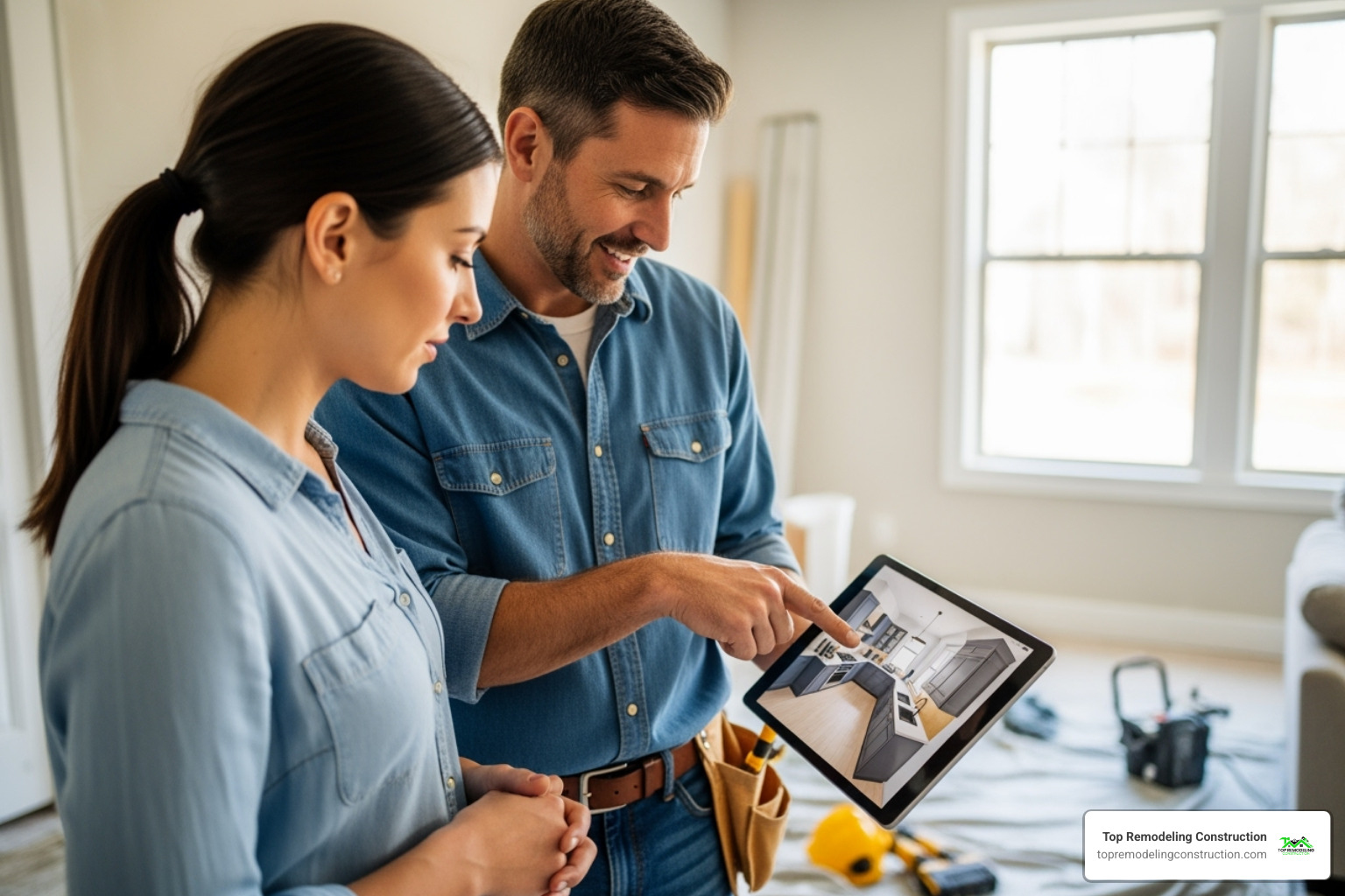 Contractor and homeowner discussing remodeling plans on a tablet - tri county remodeling Contractor and homeowner discussing remodeling plans on a tablet - tri county remodeling
