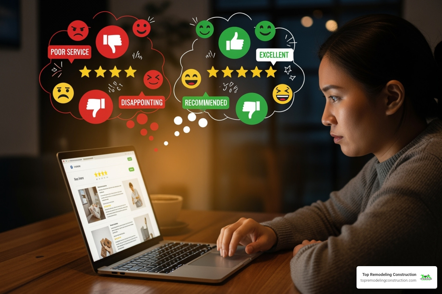 Person checking online reviews on a laptop, surrounded by thought bubbles of positive and negative feedback - tri county remodeling Person checking online reviews on a laptop, surrounded by thought bubbles of positive and negative feedback - tri county remodeling