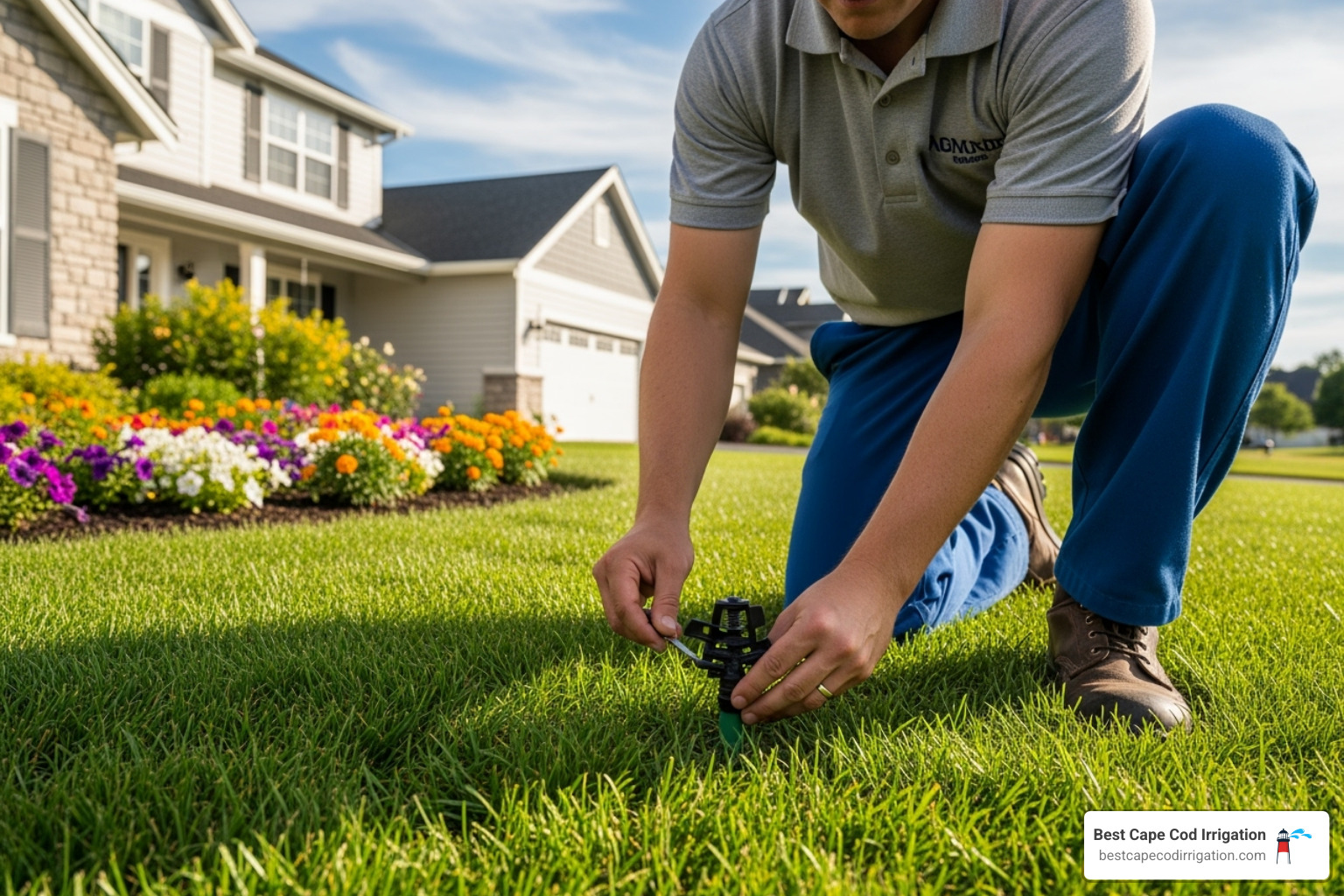 Technician adjusting a sprinkler head - lawn irrigation service