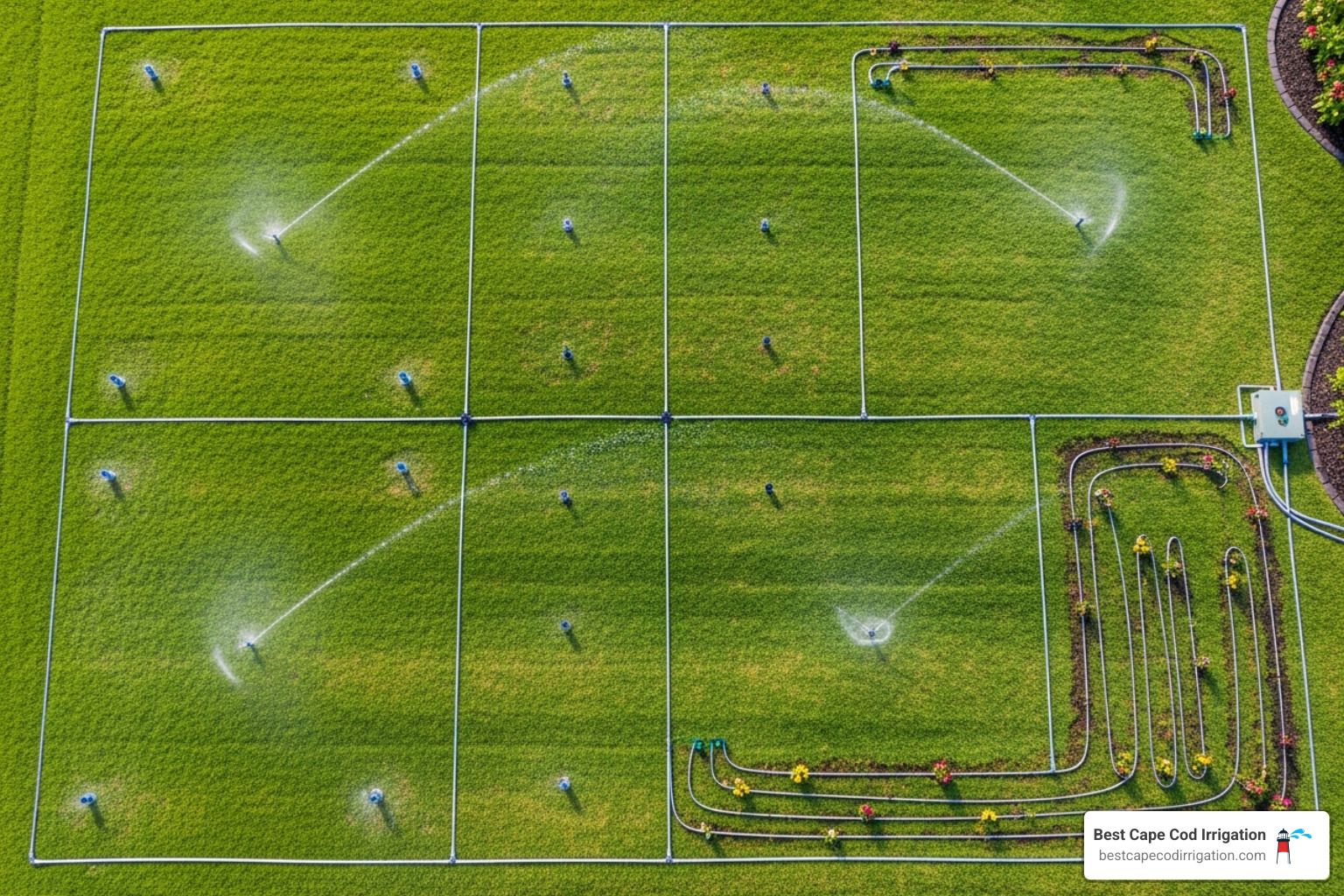 Diagram showing an irrigation system layout with different zones - lawn irrigation service