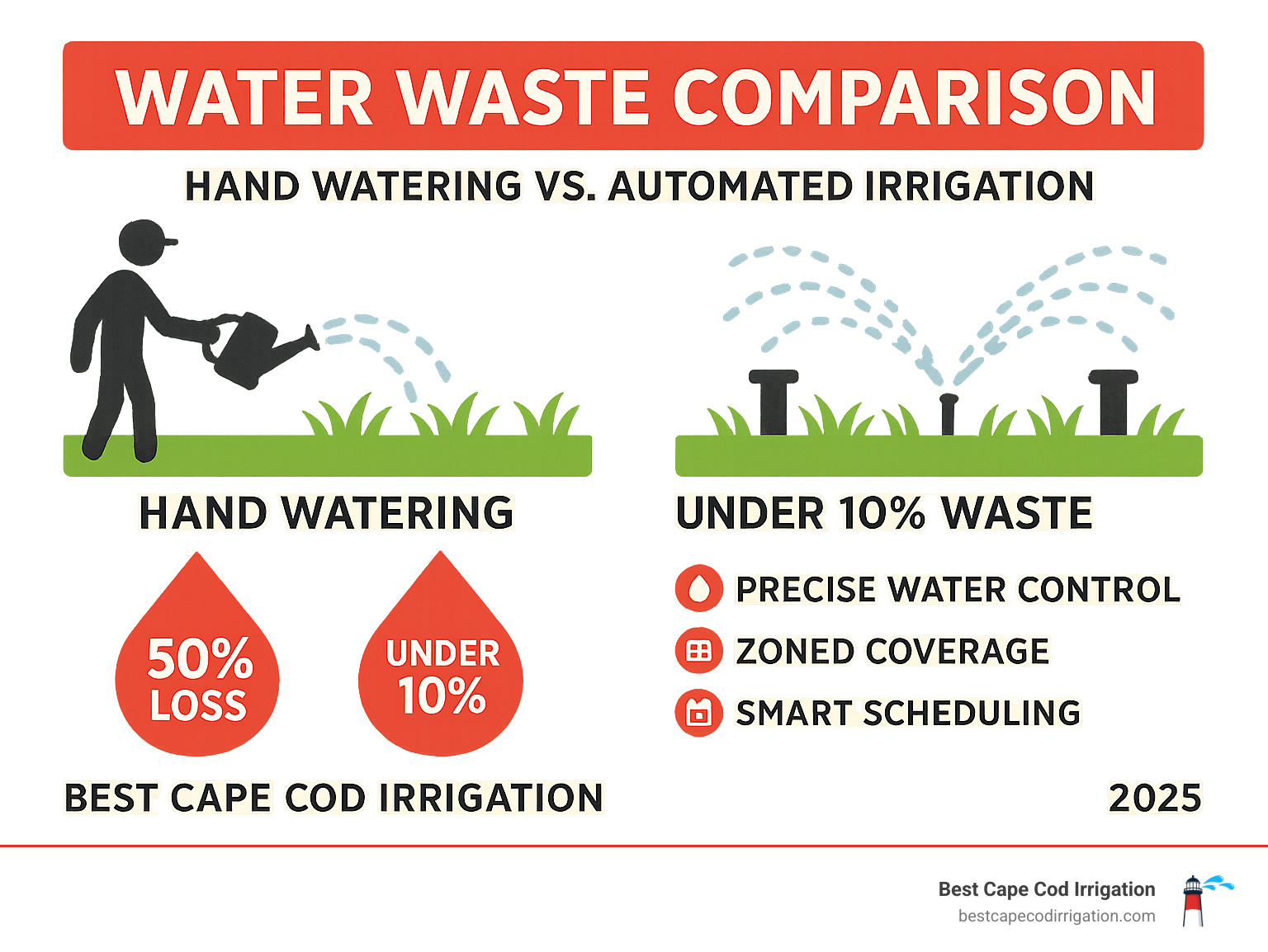 Infographic showing water waste comparison between hand watering at 50% loss versus automated irrigation systems with precise water control, zoned coverage, and smart scheduling reducing waste to under 10% - lawn irrigation service infographic 