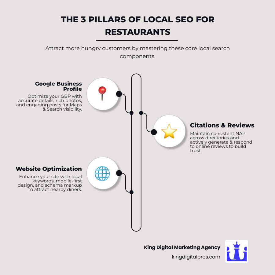 Infographic showing the three pillars of local SEO for restaurants: Google Business Profile optimization with photos and reviews, local citations and directory listings across platforms like Yelp and TripAdvisor, and on-page website optimization with location-based keywords and mobile-friendly design - Local SEO for restaurants infographic infographic-line-3-steps-neat_beige