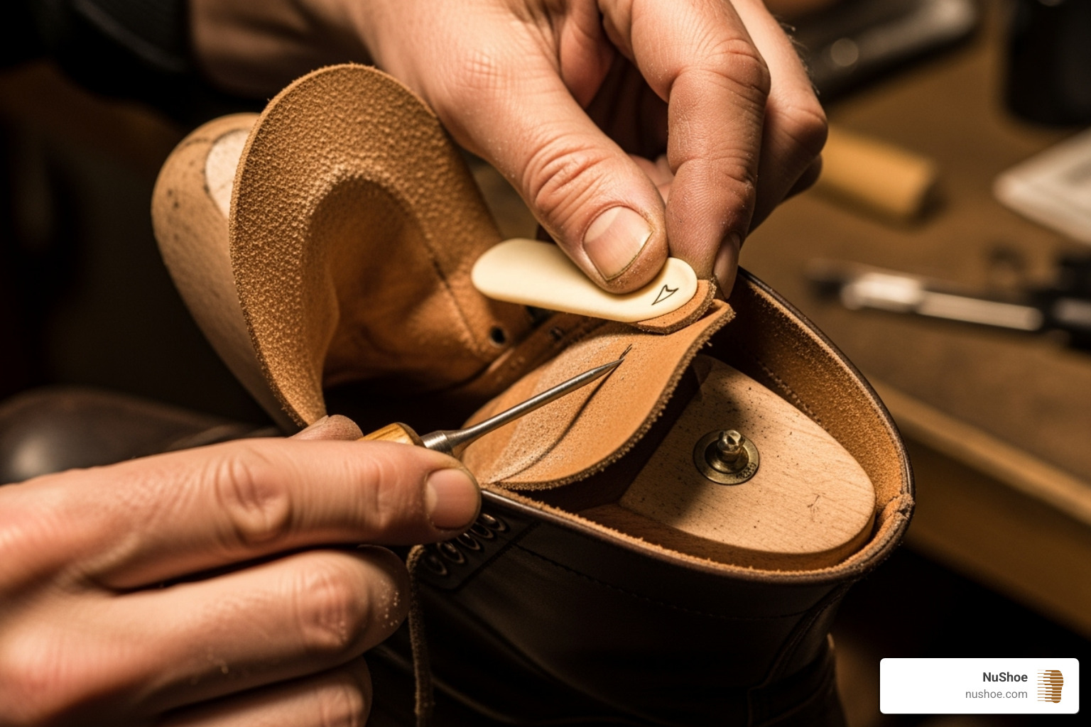 A cobbler's hands expertly working on a boot lining, demonstrating precision and skill - inside shoe lining repair
