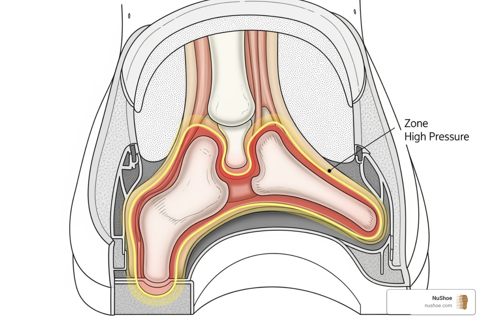 Illustration of common pressure points inside a shoe's heel, showing areas prone to wear - inside shoe lining repair