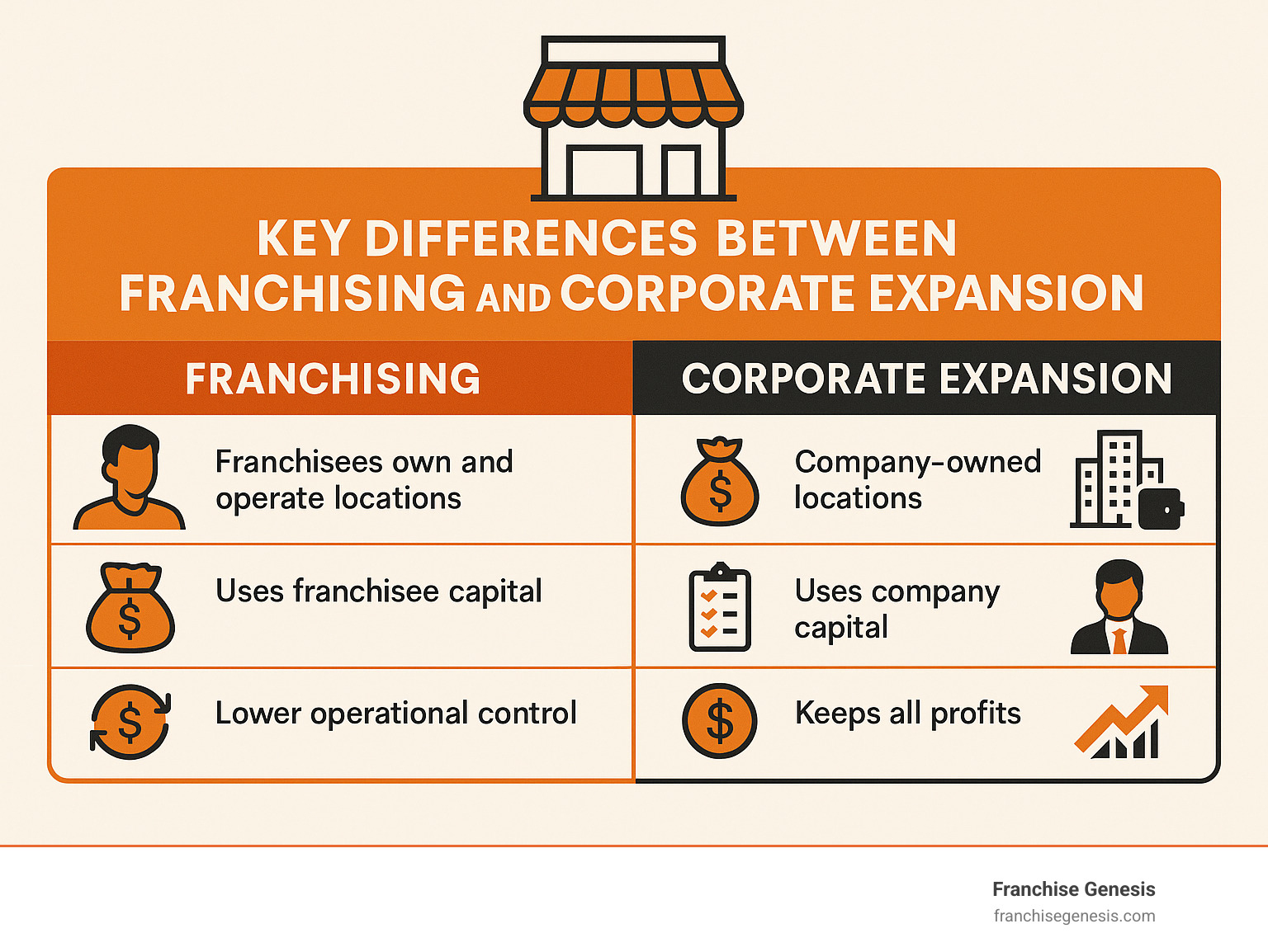 Table comparing the key differences between franchising and corporate expansion - Small business franchise infographic 