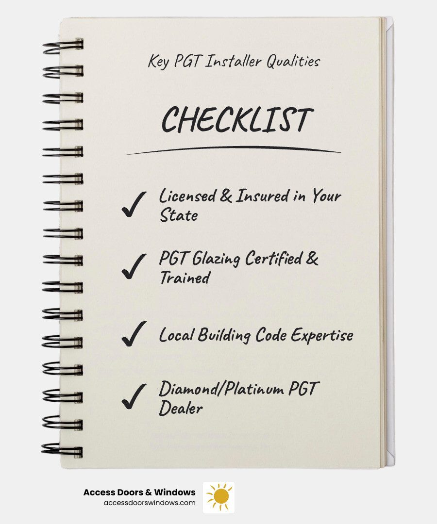 Infographic showing the complete PGT window installation process from initial consultation through final inspection, including key installer qualifications like licensing, insurance, PGT certification, and building code knowledge, plus timeline expectations and quality checkpoints - pgt window installers infographic checklist-notebook
