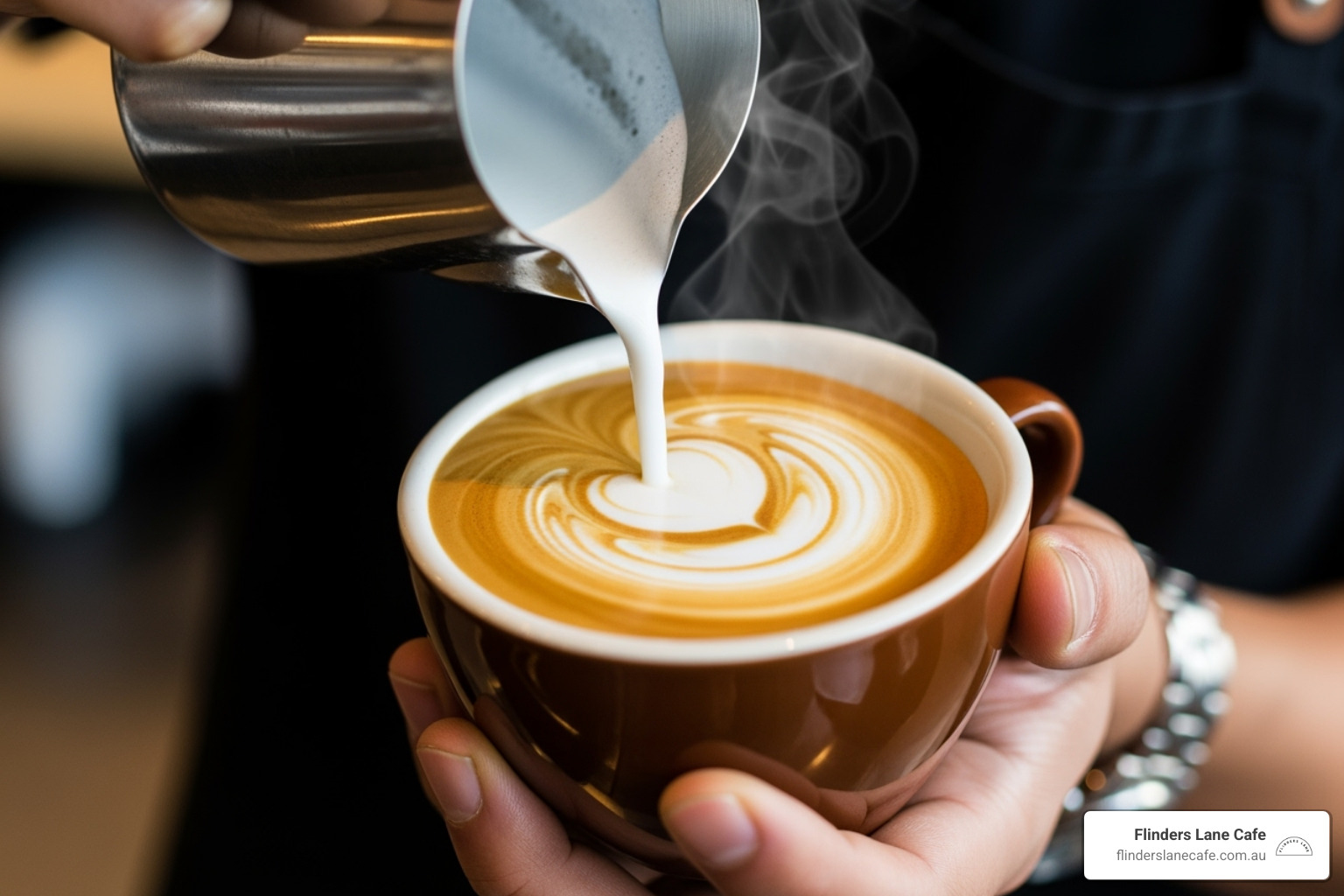 A close-up of a barista expertly pouring latte art into a coffee cup at Flinders Lane Cafe, highlighting the craftsmanship - what is a macchiato