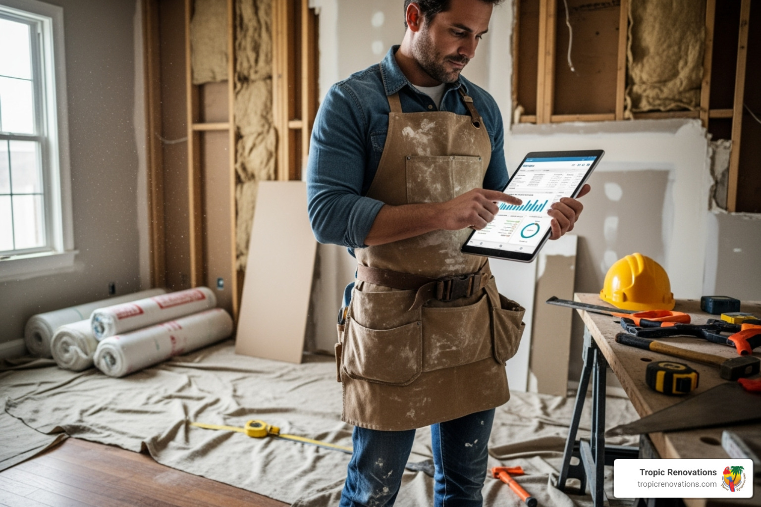 homeowner tracking expenses on a tablet in a room under renovation - how to budget for your home remodel with a contractor homeowner tracking expenses on a tablet in a room under renovation - how to budget for your home remodel with a contractor