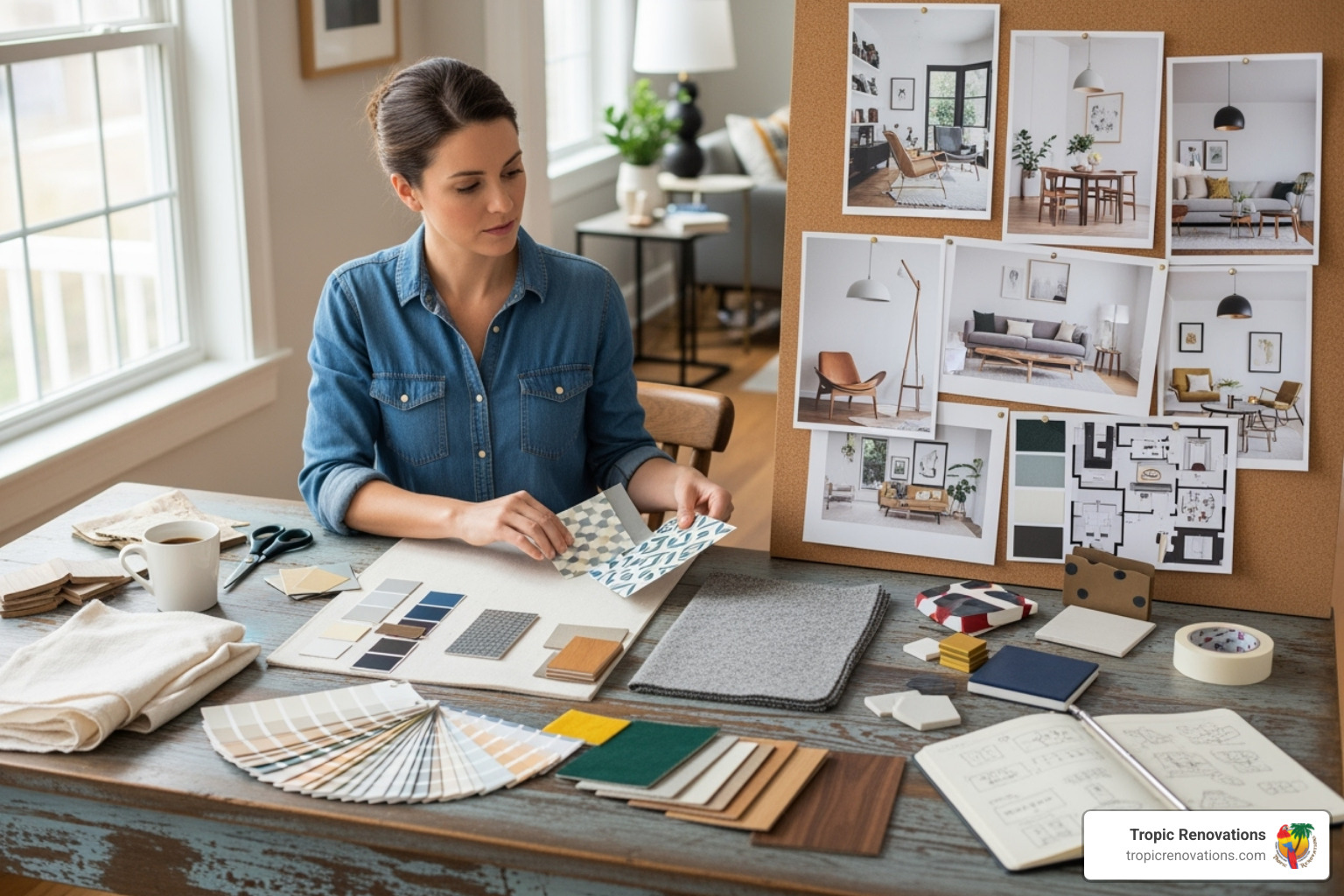 homeowner creating a mood board with material samples and design photos - how to budget for your home remodel with a contractor homeowner creating a mood board with material samples and design photos - how to budget for your home remodel with a contractor